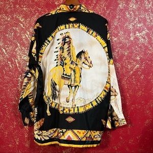 BACI PARIS Vintage Silk Tribal Aztec Indian Feather Horse Top Button Shirt L
